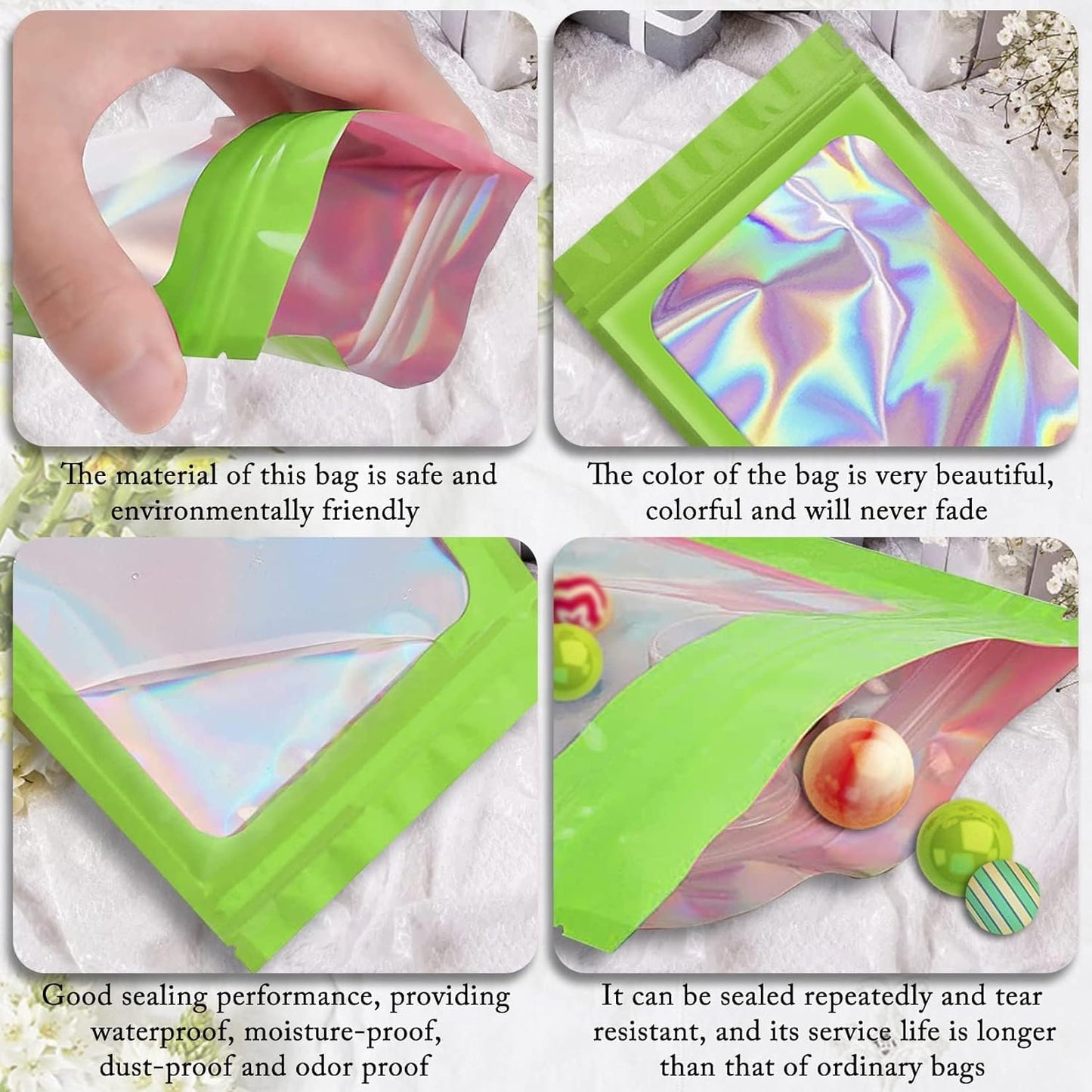 ANZNKU 100 Pack Mylar Bags Reasealable Holographic Bags, Smell Proof Bag Zipper Pouches with Clear Window, Jewelry Candy Sealable Bag for Packaging Sample Party Favor (Green, 7.1 x 10.2 Inch)