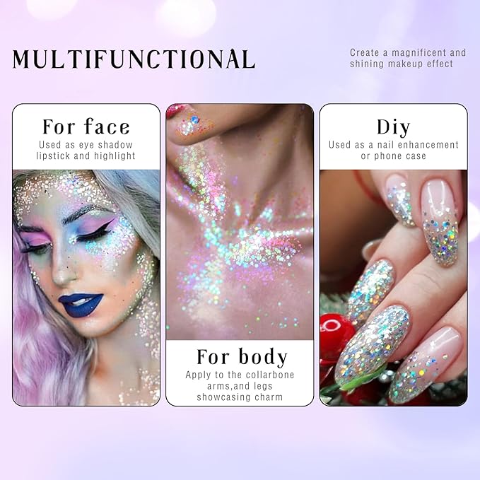 HOSAILY Roll-on Holographic Body Glitter Gel for Face Hair, Chameleon Color Changing Glitter Gel Under Light, Chunky Mermaid Sequins Festival Party Rave Accessories Shimmer Makeup (11# Mermaid)