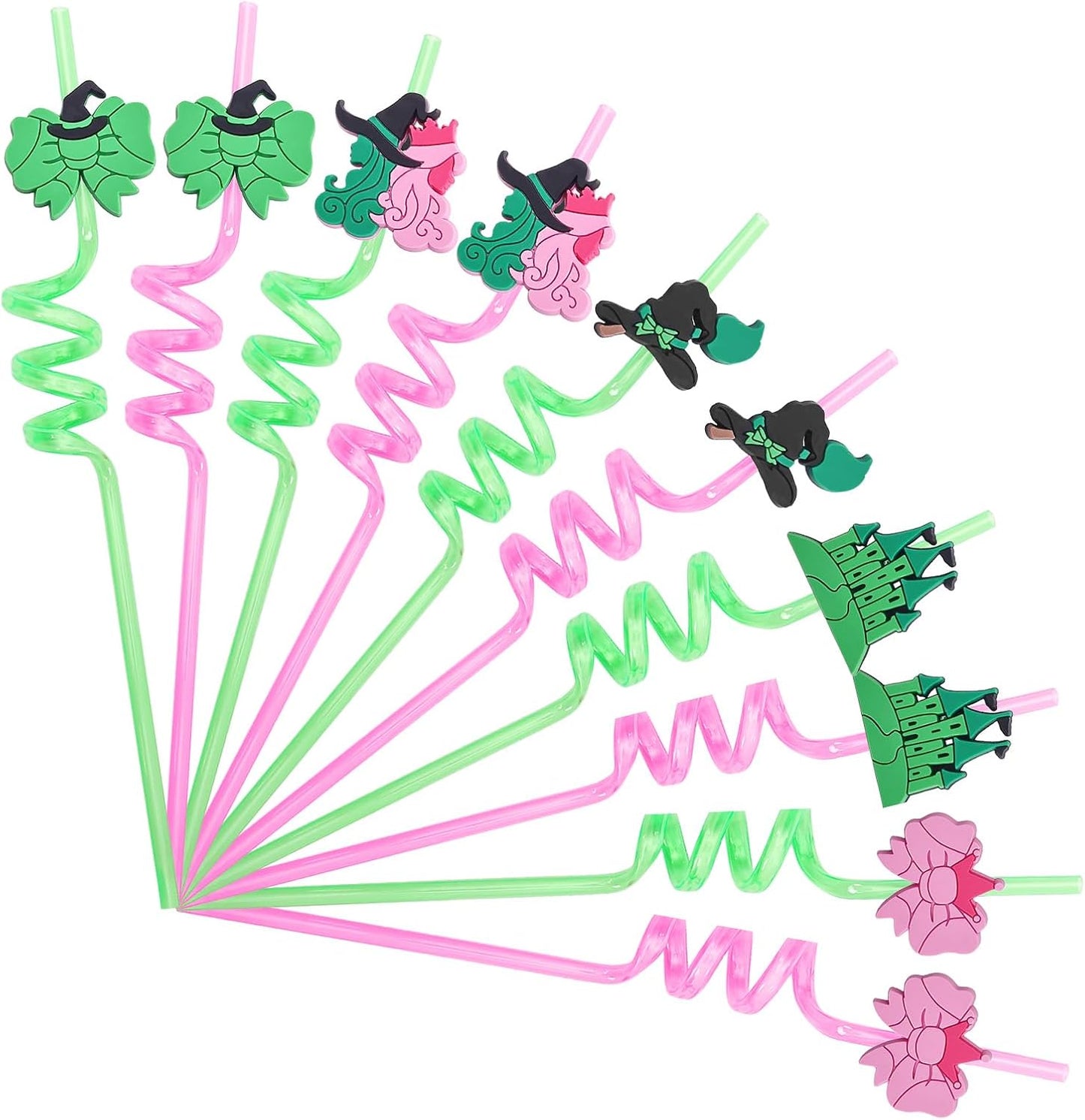 25 PCS Wicked Party Drinking Straws, Princess and Witch Theme Reusable Plastic Loop Drinking Straws with 2 Cleaning Brushes Pink and Green Birthday Favors Decorations for Kids