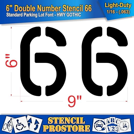 Pavement, Curb, and WheelStop Stencils - 6 inch Double Number Stencil - (66) - 6" x 9" x 1/16" (63 mil) - Light-Duty