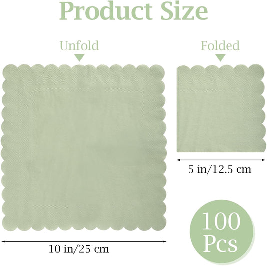100 Pcs Cocktail Napkins, 2-Ply 5 x 5 Inches Disposable Scalloped Napkins, Thick Premium Dessert Napkins for Party, Wedding, Dinner, Birthday, Anniversary, Festival (Sage Green)