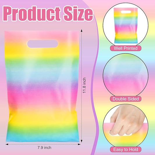 Epakh 100 Pcs Pastel Rainbow Gift Bags Bulk Plastic Summer Party favor Bags with Handles Colorful Candy Treat Goody Packing for Birthday Baby Shower Party Supplies