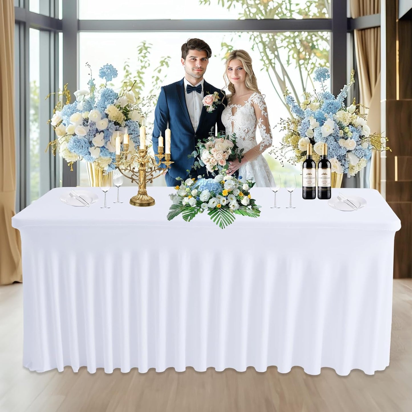 JCJ Table Skirt for Rectangle Tables Set of 2 Spandex Fitted White Tablecloths for 4FT Tables, Wrinkle Resistant Ruffles Elastic Table Cover Skirts for Teacher Desk Weddings Banquets Parties