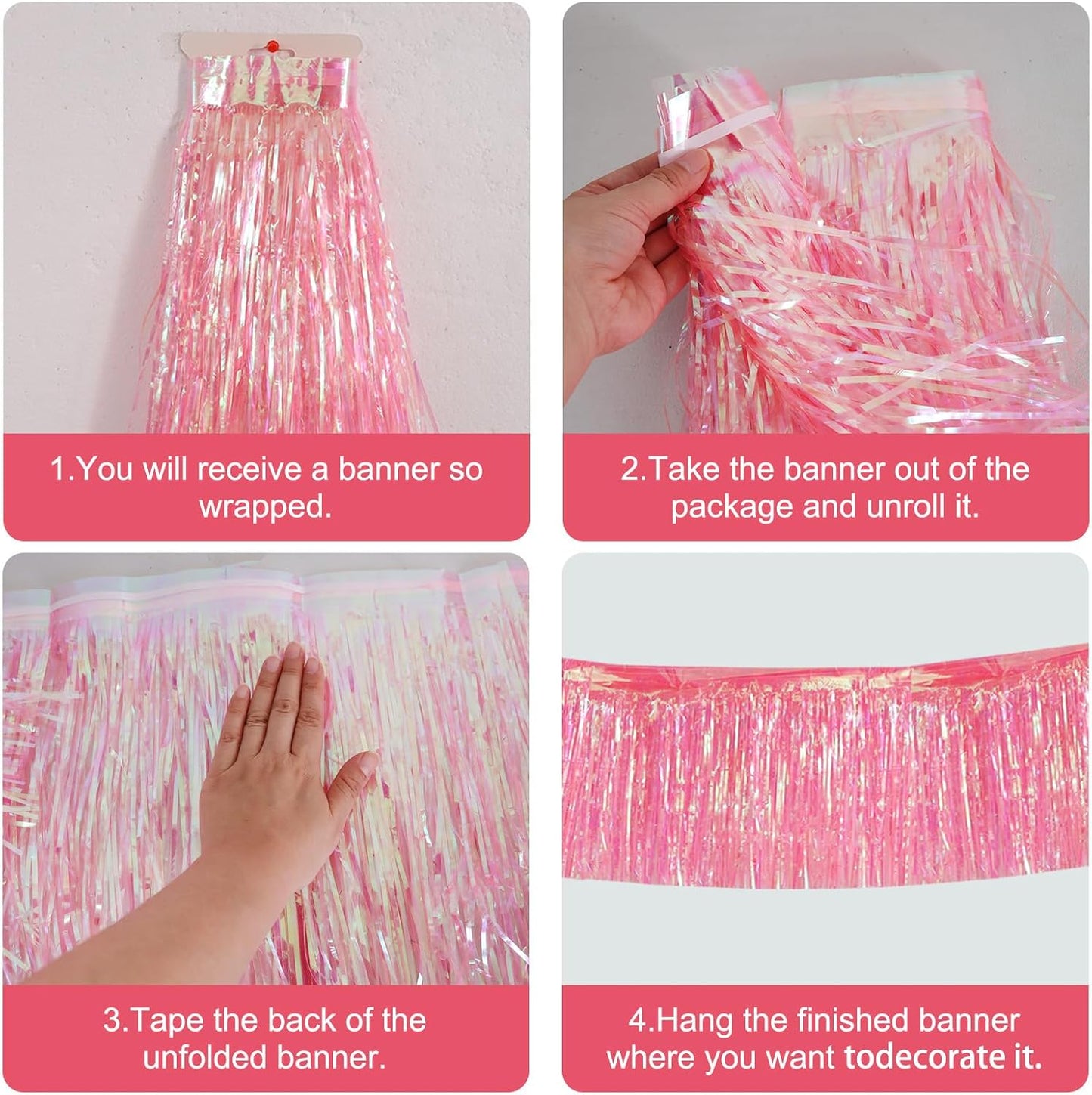 BEISHIDA 3 Packs Metallic Foil Fringe Garland Shining Pink Wall Hanging Tinsel Fringe Banners for Car Floats Bridal Shower Wedding Birthday Easter Graduation Holiday Party Decoration(30 Feet)