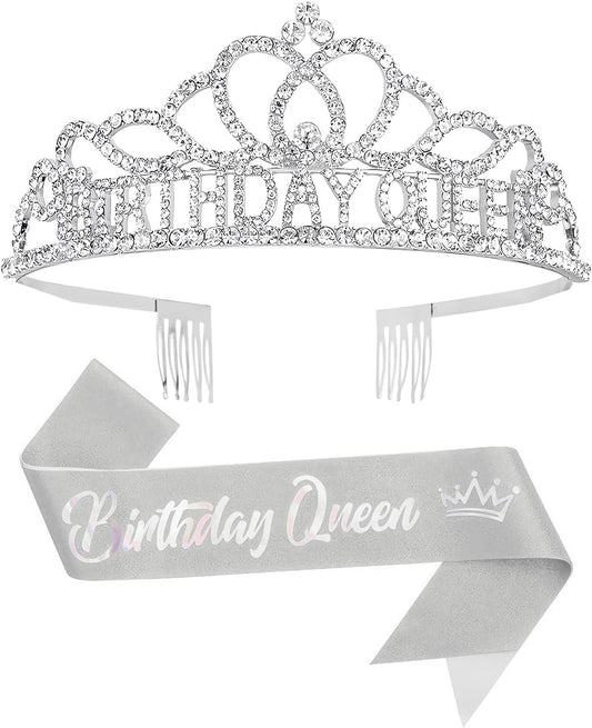 Birtthday Tiara Crown with Sash for Women Birthday Queen Party