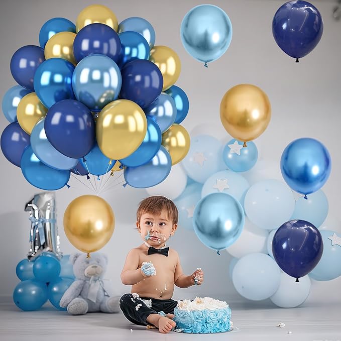 Navy Blue Gold Balloon 12 Inch Graduation Balloons Metallic Baby Pearl Navy Royal Blue Chrome Gold Latex Party Balloon for Grad Class of 2025 Decorations Anniversary Birthday Baby Shower