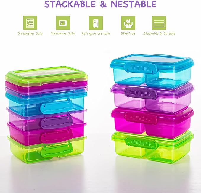 4 Pack Reusable Snack Containers with Lids, 2-Compartment Bento Boxes for Kids, Lightweight & Stackable Food Containers, Dishwasher Safe & Refrigerator Safe (4 Colors)