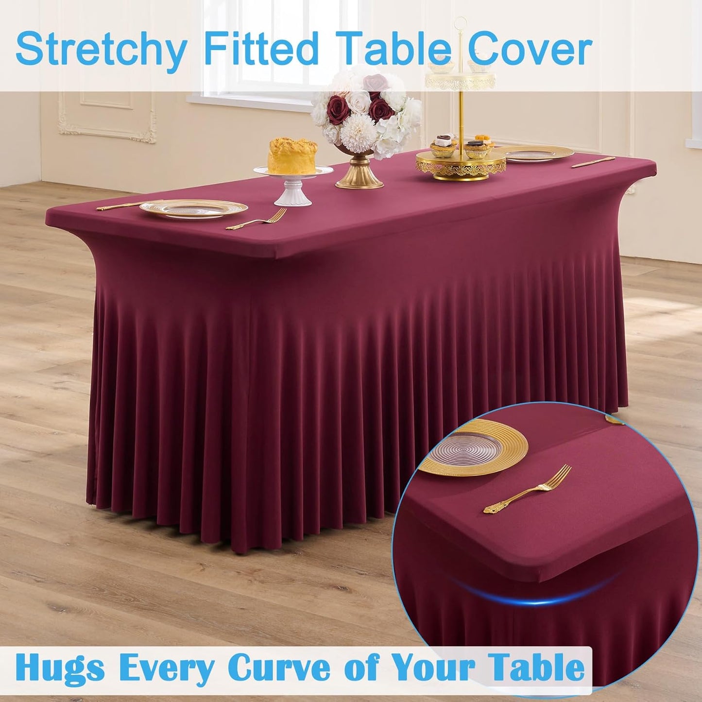 4pk Burgundy Spandex Tablecloths 6ft for Rectangle Tables, Wrinkle Free Classy Table Skirt Stretchy Fitted Table Cloths Covers 6 Foot for Weddings Birthday Party Events Banquette Baby Shower