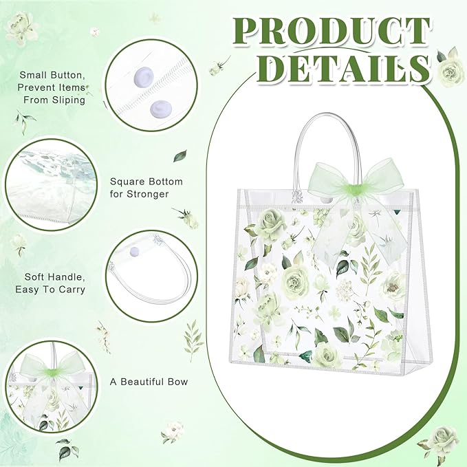 Wesnoy 24 Pcs Clear Floral Gift Bags with Handles Rose Green Flower PVC Treat Tote Bag for Tea Birthday Party Wedding Bridal Shower Bachelorette Anniversary Engagement Guests, 7.8 x 7.8 x 3.2 Inch