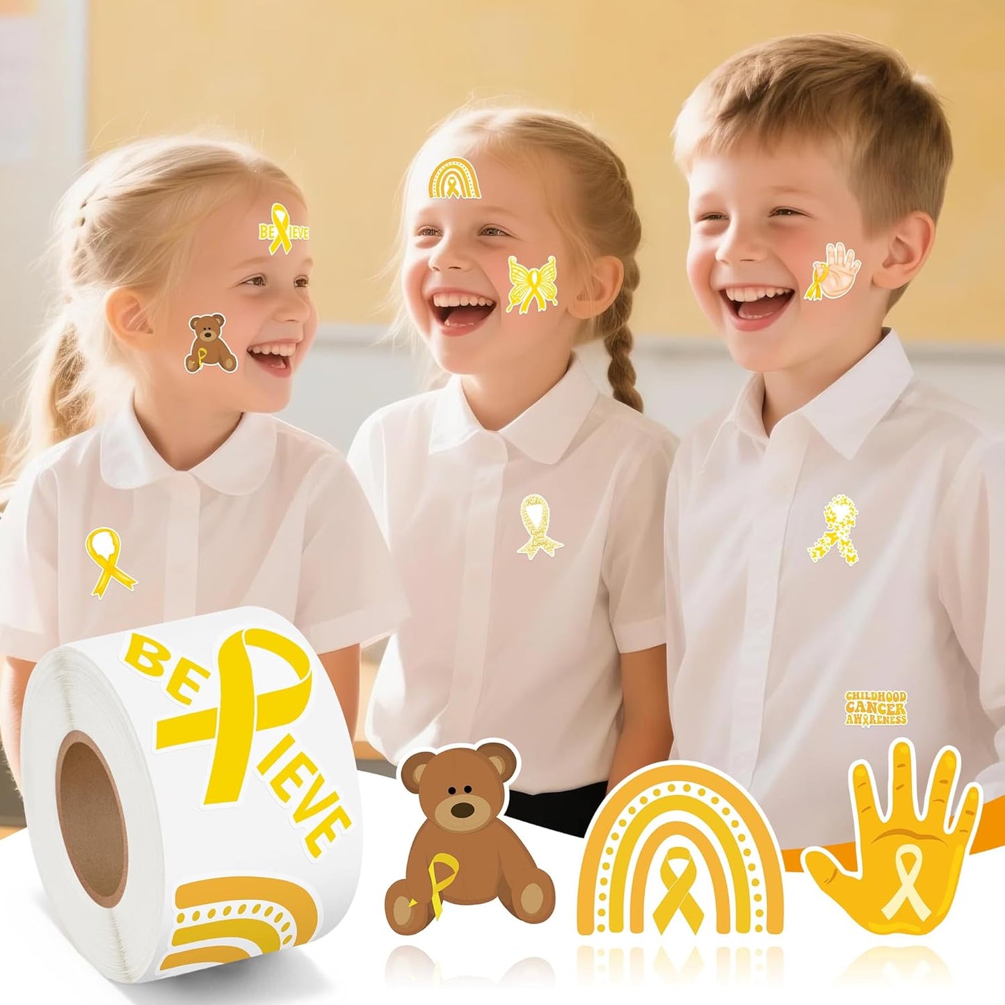 Childhood Cancer Awareness Sticker - 1000pcs Yellow Ribbon Waterproof Vinyl Reusable Laptop Stickers Roll Book Scrapbook Water Bottle Page Activity Pad Summer Birthday Party Favors Skateboard