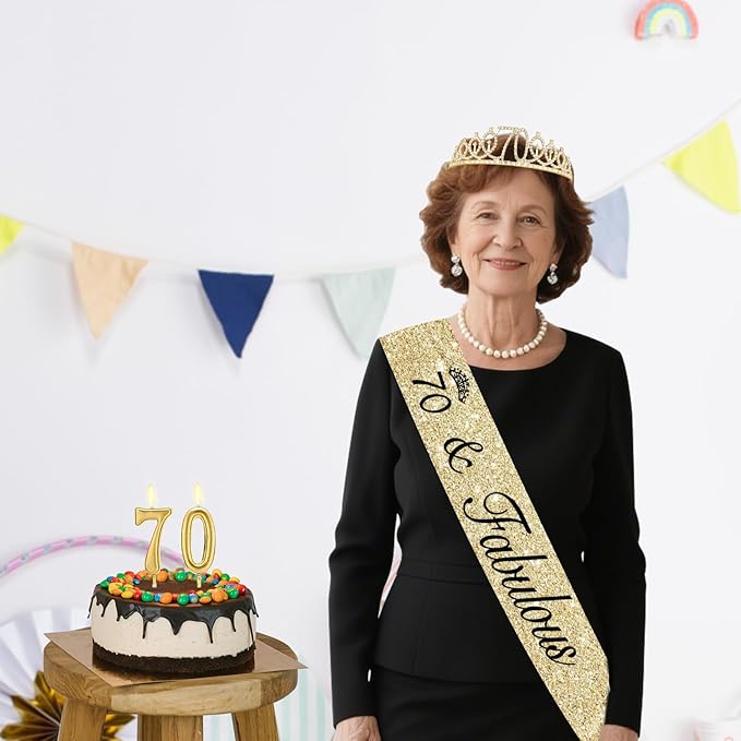 70th Birthday Decorations for Women Gold with Sash and Tiara, Gold Number Candles, 70th Birthday Gifts for Women