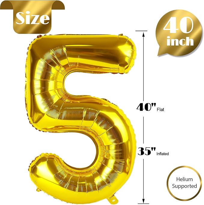 Gold 5 Balloon, Number Balloon 40 Inch, Gold and Black Party Supplies, 5th Birthday Balloon Decorations, 5 Number Balloons, Number 5 Balloon