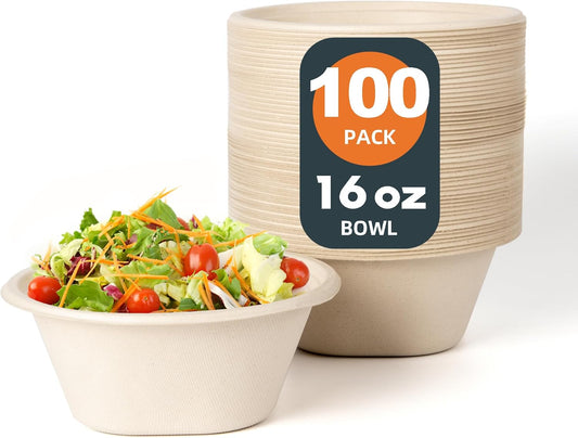 16 Oz [100 Pack] Small Disposable Paper Bowls - Heavy Duty and 100% Compostable - Natural Bagasse Biodegradable Bowls for Chili,Ice Cream,Dessert