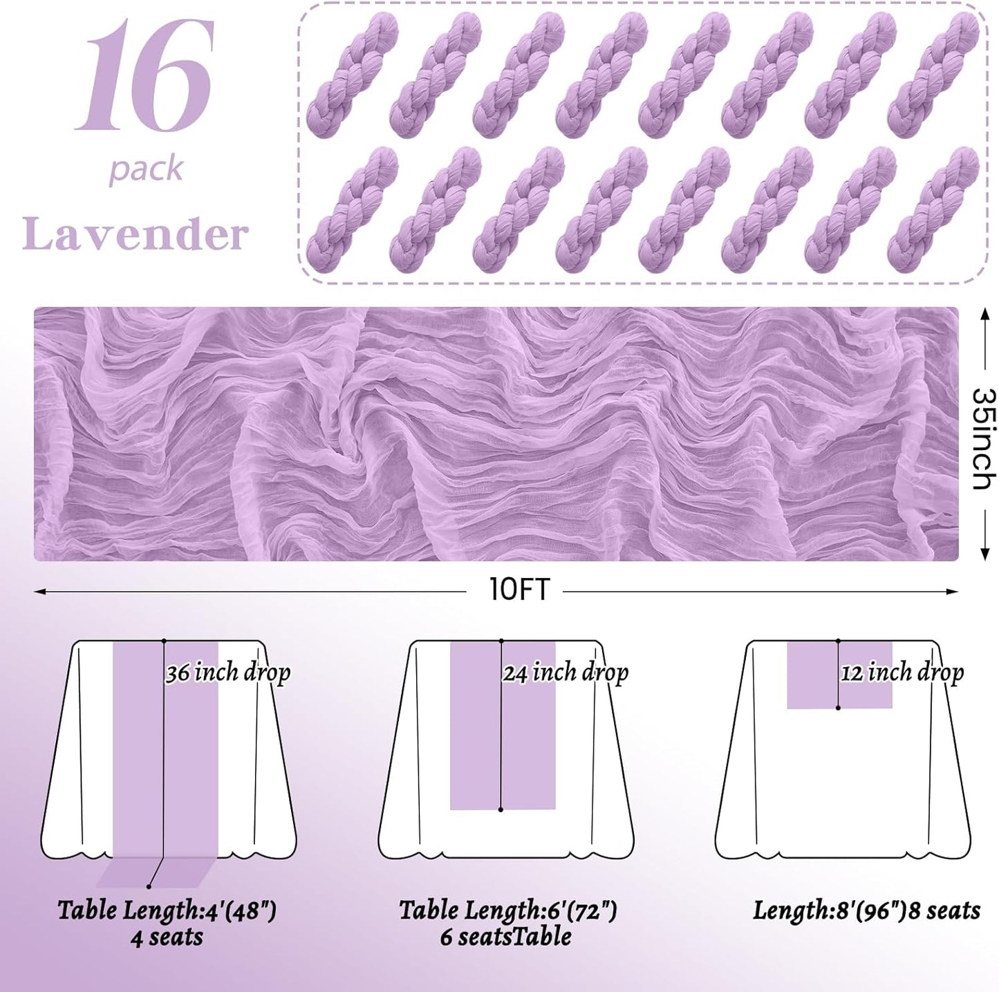 16Pack Lavender Table Runner 10FT Cheesecloth Table Runner 35x120Inch Long Boho Cheese Cloth Table Runners Rustic Gauze Table Runners for Party Wedding Bridal Shower Baby Shower Decorations