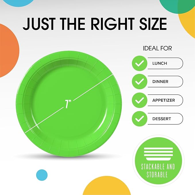 Exquisite Party Solids Lime Green Paper Plates Disposable Heavy Duty 7 Inch Lime Green Disposable Plates For Party 100 Pcs Heavy Duty 350 GSM, Birthday Supplies
