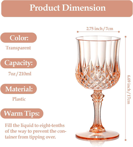 XUWAIDSGN 24 Pcs 7oz Plastic Vintage Wine Glasses Drinking Glasses Unbreakable Wedding Glassware Crystal Water Goblets Reusable Drinkware Vintage Champagne Flutes (24, Pink)