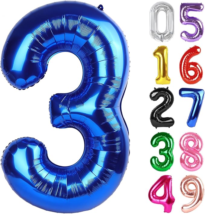 Metallic Blue Number 3 Balloon 40 Inch, 3rd Birthday Celebration Supplies for Girls Boys Women Men, 3 Balloon for Girls Boys Theme Party