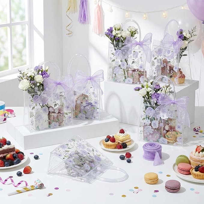 Wesnoy 24 Pcs Clear Floral Gift Bags with Handles Rose Purple Flower PVC Treat Tote Bag for Tea Birthday Party Wedding Bridal Shower Bachelorette Anniversary Engagement Guests, 7.8 x 7.8 x 3.2 Inch