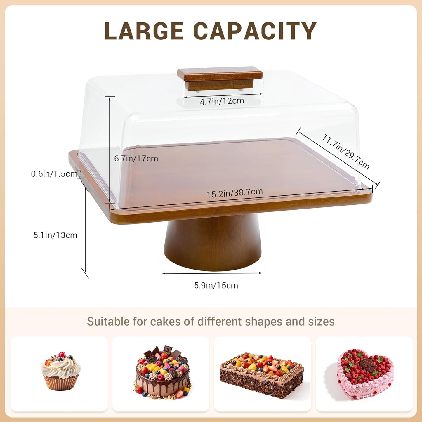 Wood Cake Stand with Lid, Rectangular Cake Holder, 2-in-1 Dessert Table Display Set & Charcuterie Board for Cheese, Cake Fruit Display Server Tray for Kitchen, Birthday, Weddings - Footed