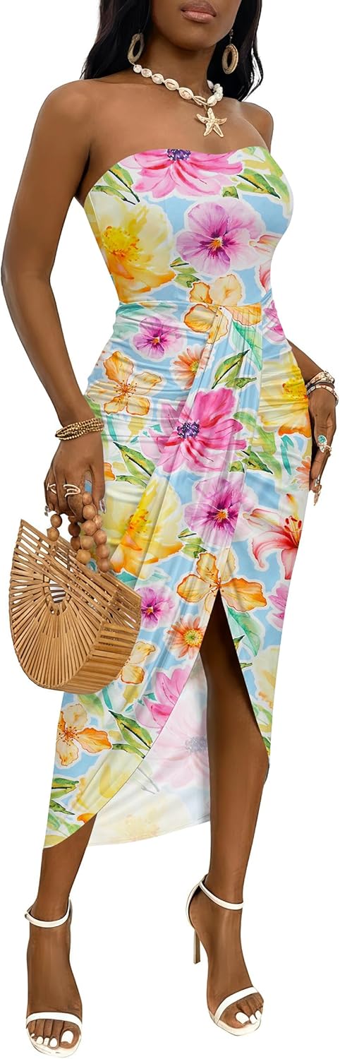 Umenlele Women's Strapless Ruched High Waist Wrap Split Asymmetrical Beach Maxi Long Dress