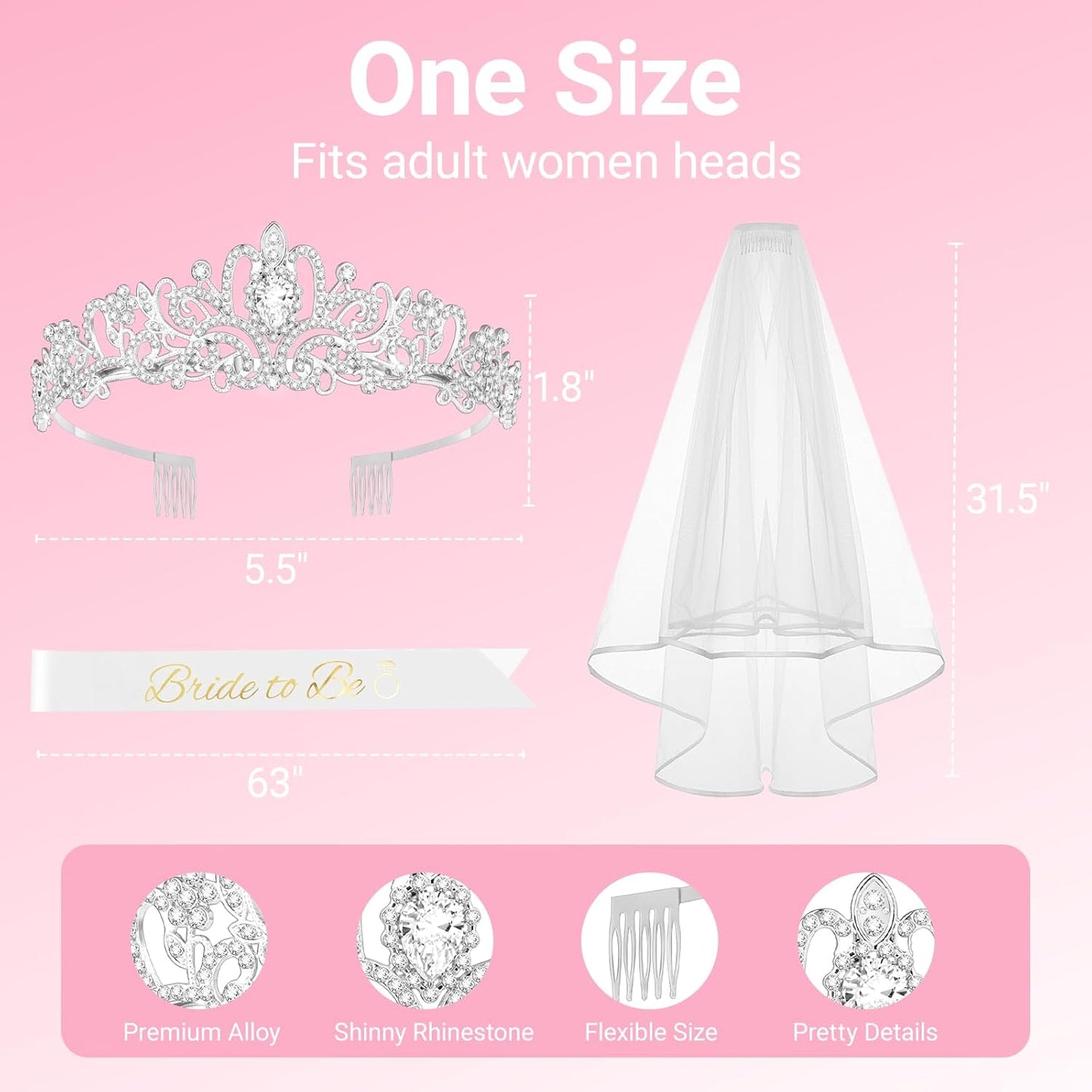 3Pcs Bride to Be Crown with Sash and Veil for Bachelorette Party Decorations, Bridal Shower Accessories for Gift, Favors