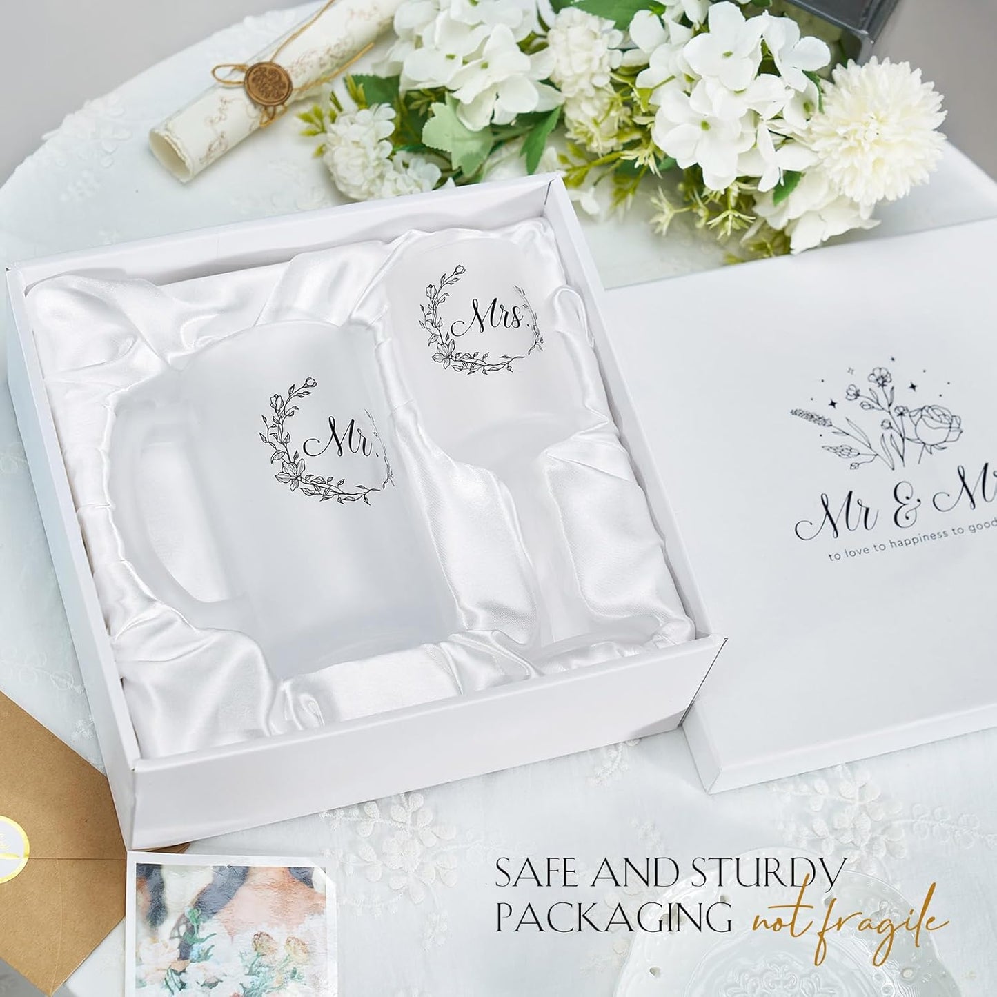 AW BRIDAL Mr & Mrs Wine Glass and Beer Mug Gift Set for Wedding Couples, 2025 Bridal Shower Engagement Gifts for Newlyweds, Bride and Groom Champagne Flutes for Annivesary Bachelorette Party