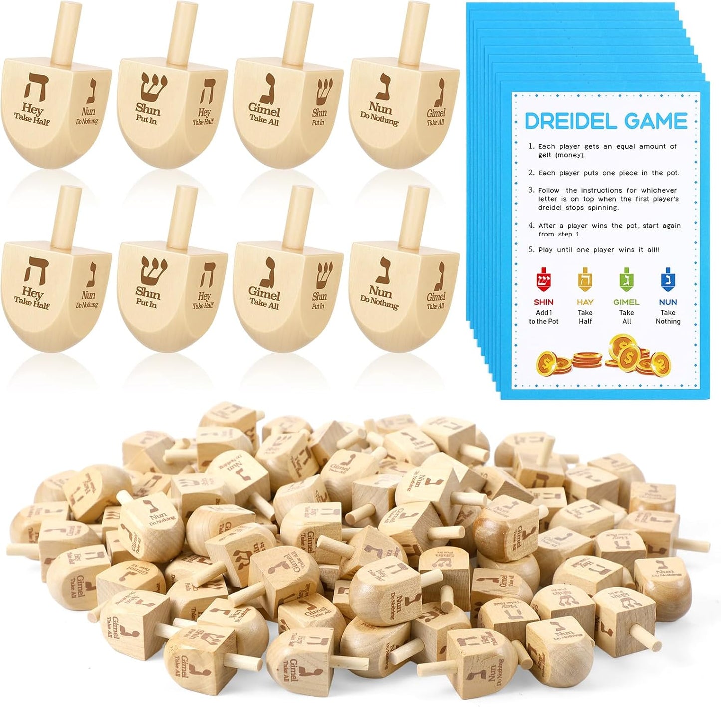 Wettarn 100 Pieces Hanukkah Dreidels Bulk Wooden Hanukkah Dreidels with Game Instruction Cards for Party Game(Size 1,Basic Style)