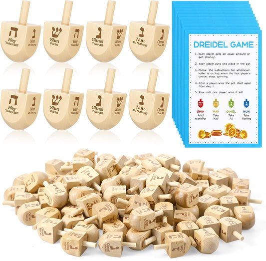 Wettarn 100 Pieces Hanukkah Dreidels Bulk Wooden Hanukkah Dreidels with Game Instruction Cards for Party Game(Size 1,Basic Style)