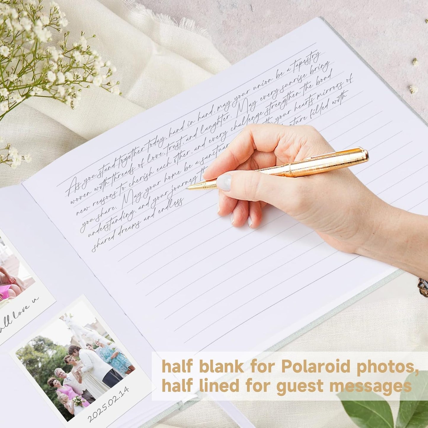 Wedding Guest Book with Personalized 2025 Year - Linen Photo Guest Book for Wedding Reception Bridal Shower Guests to Sign - 100 Pages Blank and Lined Acid Free Paper (Sage Green)