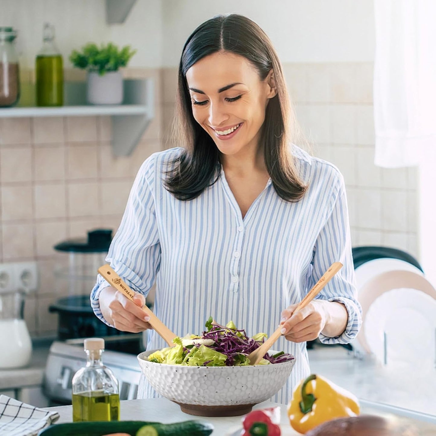 Wotalation Handmade Ceramic Large Serving Bowls, Salad Bowl set. Modern Kitchen Dishes for Dinner, Fruit, Salad. Oven, Dishwasher Safe, Vanilla White, 58 oz, 9.5" (1, 9.5“)