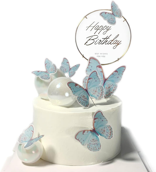 11-Piece Turquoise Butterfly Cake Toppers Set: Happy Birthday Metal Gold Cake Toppers & Decorations