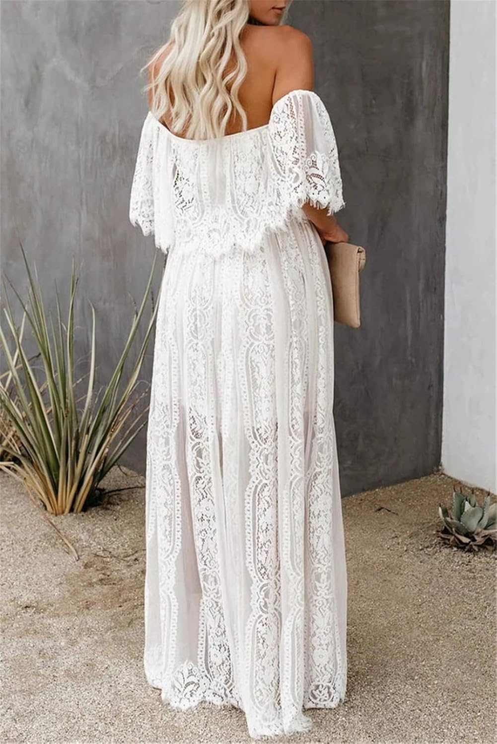 HOYISHION Women's Off The Shoulder Floral Lace Maxi Dress White Bridesmaid Wedding Party Maternity Photoshoot Long Dresses