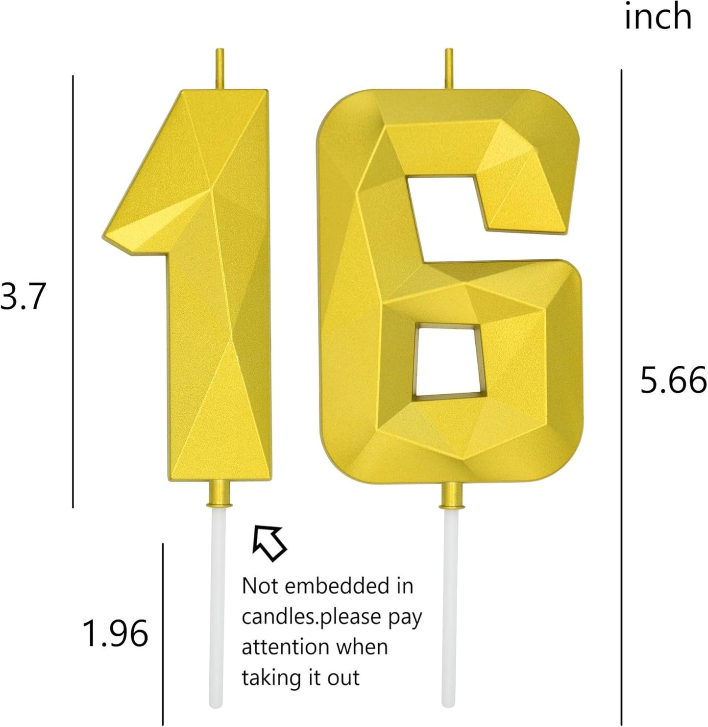 DERVENTA Large Birthday Candle Number 3D Gold 3.7 inch Party Celebration Anniversary Decoration Cake Topper 1 Piece (Number 16 Gold)
