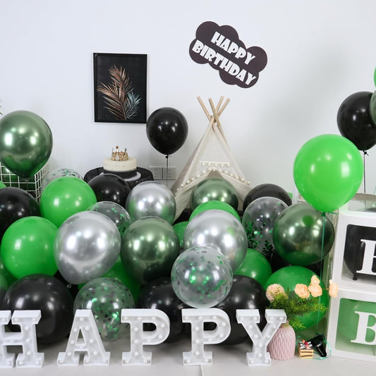 Paready Green and Black Balloons Set, 60Pcs Metallic Green Silver Graduation Balloons,12 Inch Black Silver Confetti Balloon Latex for Birthday Football Soccer Theme Graduation Party Decorations