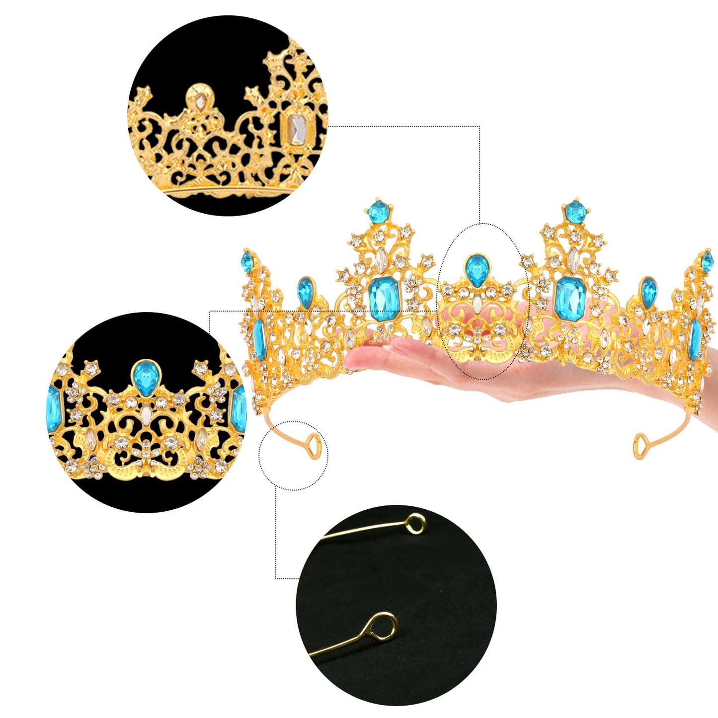 Didder Aqua Blue Gold Princess Crown Birthday Tiara Prom Queen Tiaras and Crowns for Women and Girls Halloween Costume Headpiece Hair Accessories