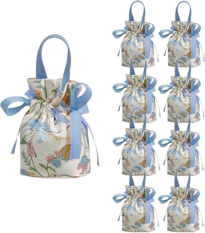 Liobelon 8 Pieces Floral Mini Gift Bags with Handles 14x9.5x6cm/5.5x3.7x2.3inch Canvas Candy Bag Tea Party Favor Bags for Party, Wedding, Bridal Shower, Valentine's Day, Mother's Day Jewelry Bag
