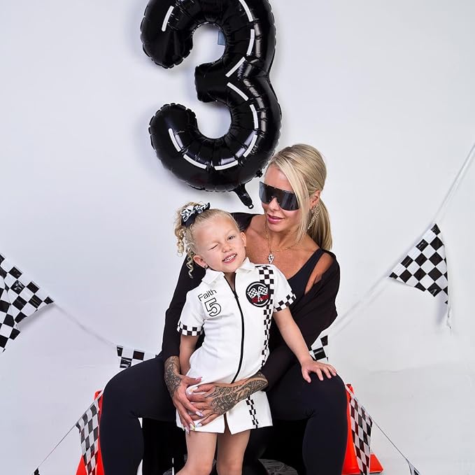 Race Car 3 Balloon, Number Balloons 40 Inch, 3rd Black Birthday Decorations for Kids Boys, Racing Birthday Decorations, Number 3 Balloon
