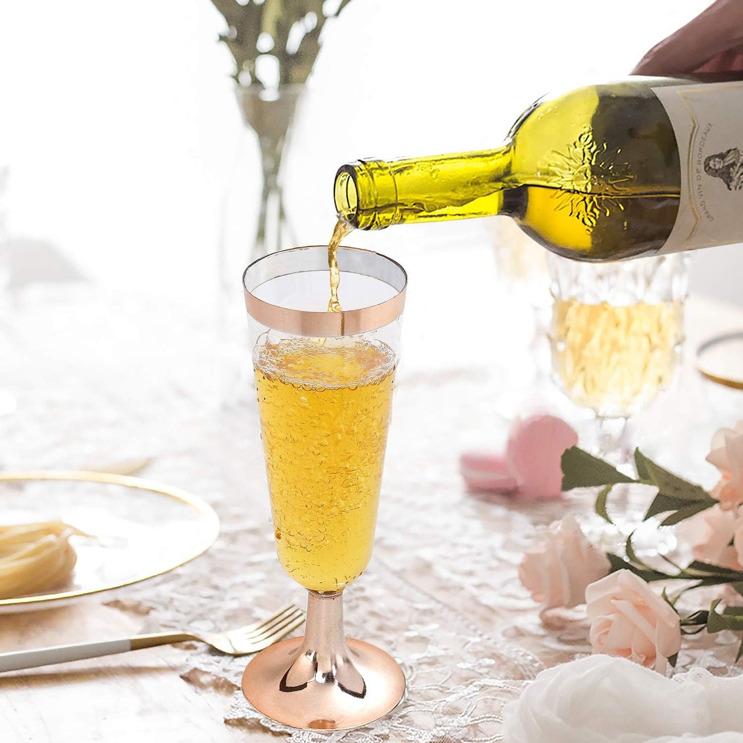 I00000 50 Pack Rose Gold Plastic Champagne Flutes, 5 Oz Fancy Rose Gold Champagne Glasses Plastic Classicware Toasting Glasses Disposable Party Cocktail Cups for Wedding & Party