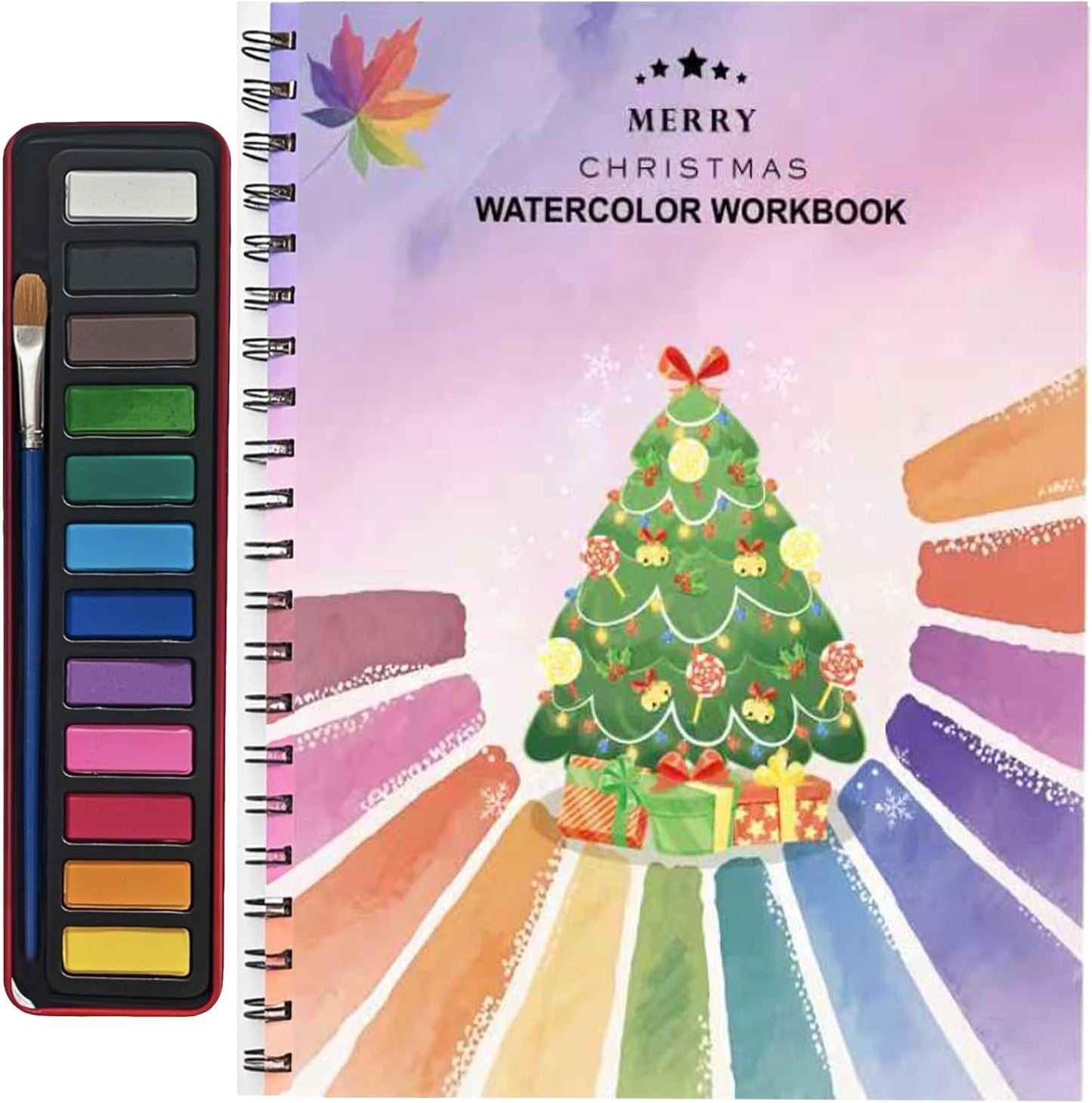 Watercolor Workbooks, Beginner Watercolor Painting Kit – 12 Colors Paint Set with Brush (Christmas)