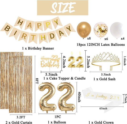 Trgowaul 22nd Birthday Decorations for her, Champagne Gold Happy 22nd Birthday Supplies for Girls, 22 Sash and Crown, Banner, Fringe Curtains, Cake Topper, 22 Year Old Party Supplies Set