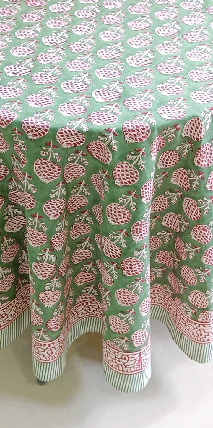 ATOSII Roma Green 100% Cotton Round Tablecloth, Handblock Print Floral Table Cloth for Kitchen Dining Linen I Parties, Weddings, Outdoors, Spring Summer Decor I 60" Inches Round