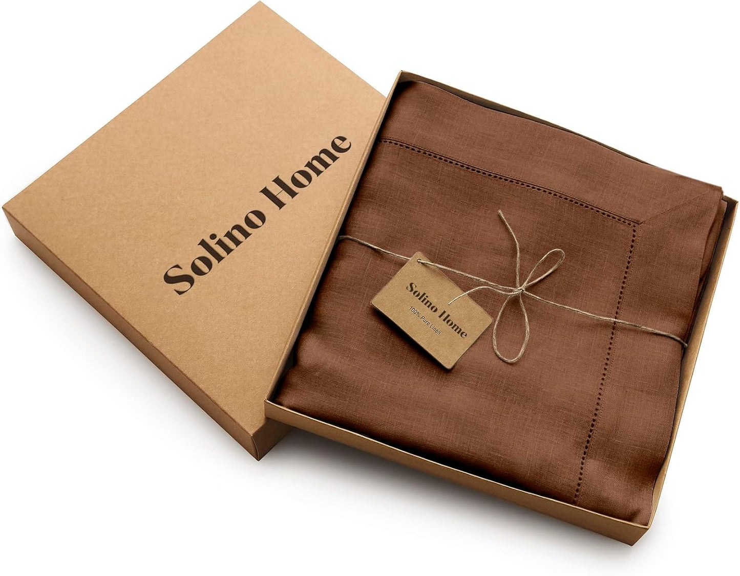 Solino Home Linen Tablecloth 60 x 108 Inch - Classic Hemstitch 100% Pure Linen Brown Table Cloth for Rectangle Tables - Machine Washable Tablecloth for Fall, Autumn, Thanksgiving