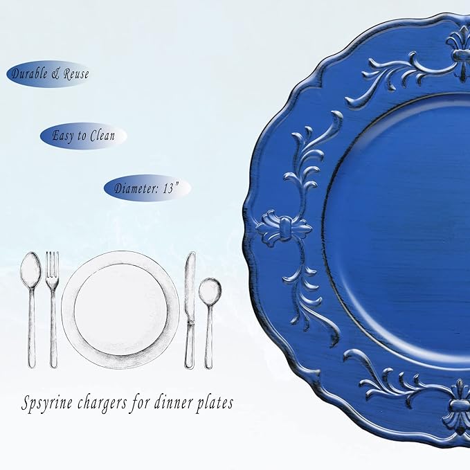Spsyrine Antique Royal Blue Charger Plate, 13" Embossed Plastic Table Plate Chargers for Dinner, Set of 6 Elegant Decorations for Wedding, Dining, Party Events.