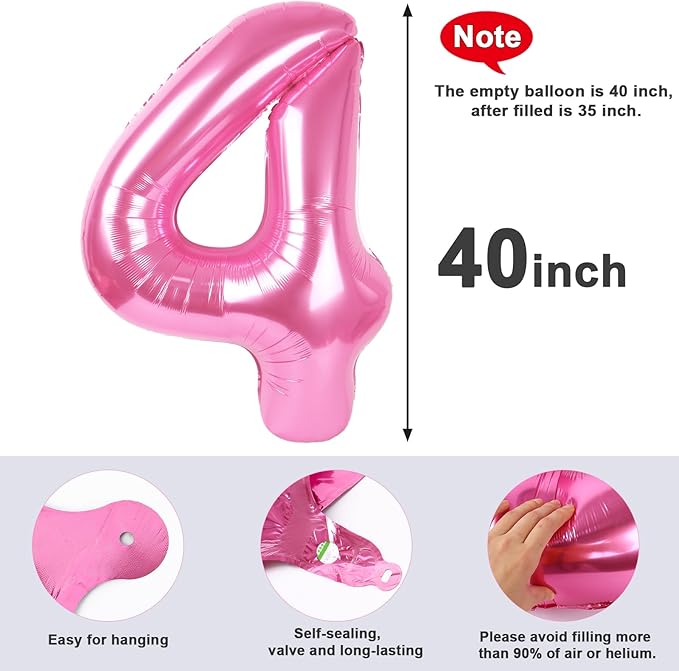 Pink 4 Balloon, 4th Birthday Decorations Girl, Number 4 Balloons for 4th 14 Boy, Happy 40th Birthday Party Decorations Women, Number Balloons 40 Inch for Graduations Anniversary