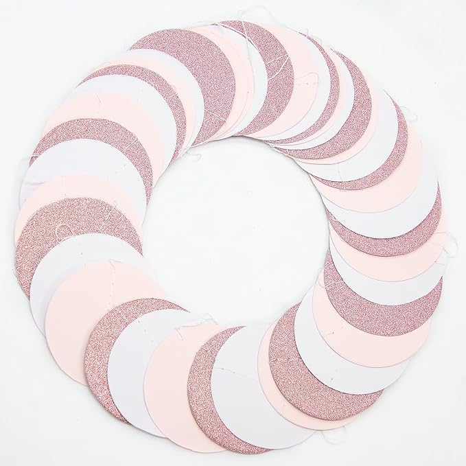 Rose-Gold Pink White Party Decorations - 52Ft Paper Garland Circle Dots Streamers Banner Girl Women Birthday Bridal Shower Wedding Bachelorette Engagement Graduation Hanging Decor Hongtongtong