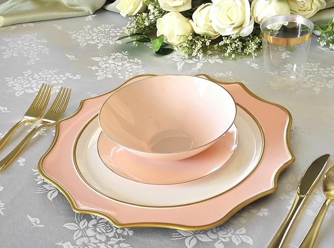 " OCCASIONS " 40 Pieces Round 13'' ACRYLIC MELAMINE Reusable Wedding Charger Plate (Scalloped Pink Blush and Gold)