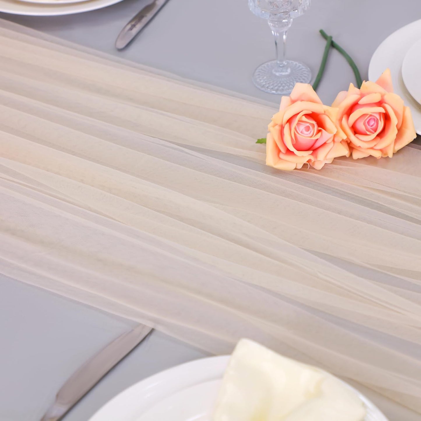 Snowkingdom Champagne Table Runner, 10 FT Sheer Tulle Cheesecloth Gauze, Boho Elegant Table Decoration for Home Party Wedding Birthday Baby Shower Christmas Holiday