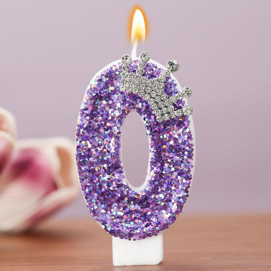 Birthday Number Candles,Purple Crown Birthday Candles for Cake,Glitter Number 0 Candle Cake Topper with Sequins for Anniversary Celebrations Supplies (Number 0)