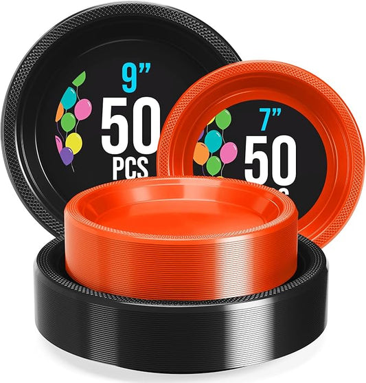 Party Solids Black & Orange Plastic Plates For Party Supplies, Black & Orange Disposable Plates 100 Pcs - 50-7" & 50-9" Heavy Duty 350 GSM Disposable Dinnerware Sets, Plastic Dinnerware Sets