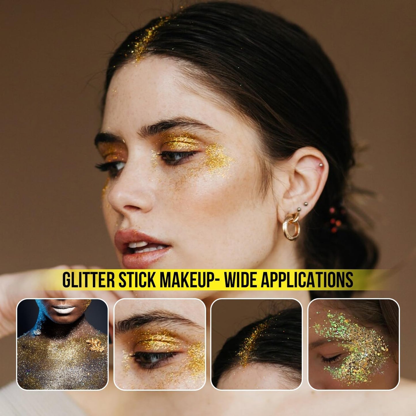 Brzeaf Waterproof Golden Glitter Stick, Christmas Glitter Makeup, Shimmery & Long Lasting, Chunky Glitter for Face/Body/Hair/Eyes/Lip, Singer Concert Music Christmas Rave Festival